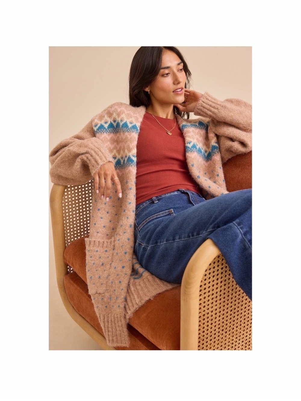 ⁠Altar'd State Fair Isle Oversized Cardigan Sweater Large Tan Pink Blue⁠ - Picture 2 of 5